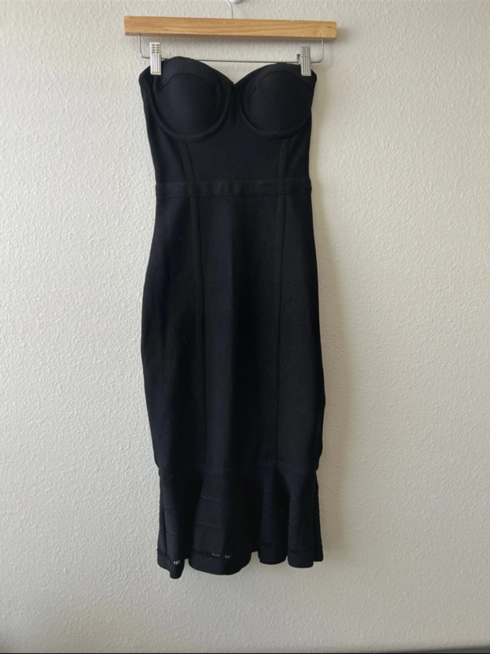 Bebe Strapless Black Midi Dress with Structured Bust